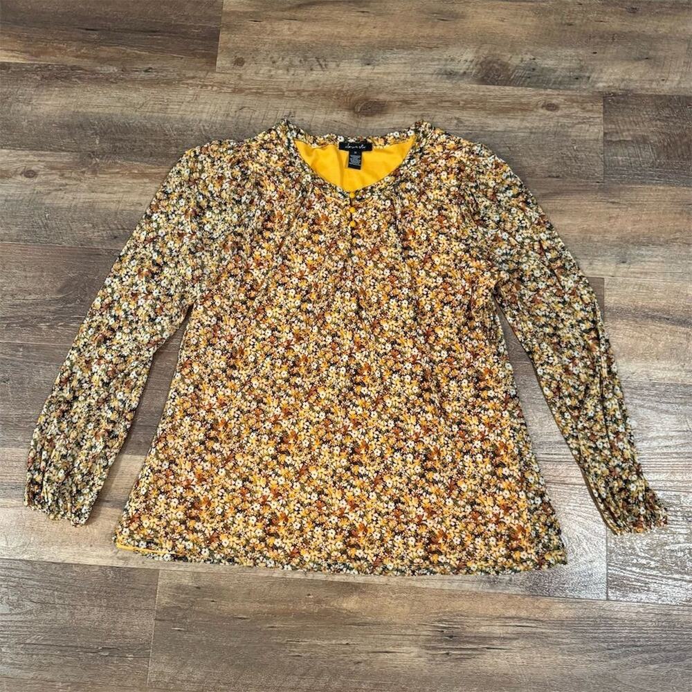 A Love Story 1X Yellow Floral Blouse Buttons Feminine Office Career Sheer Sleeve